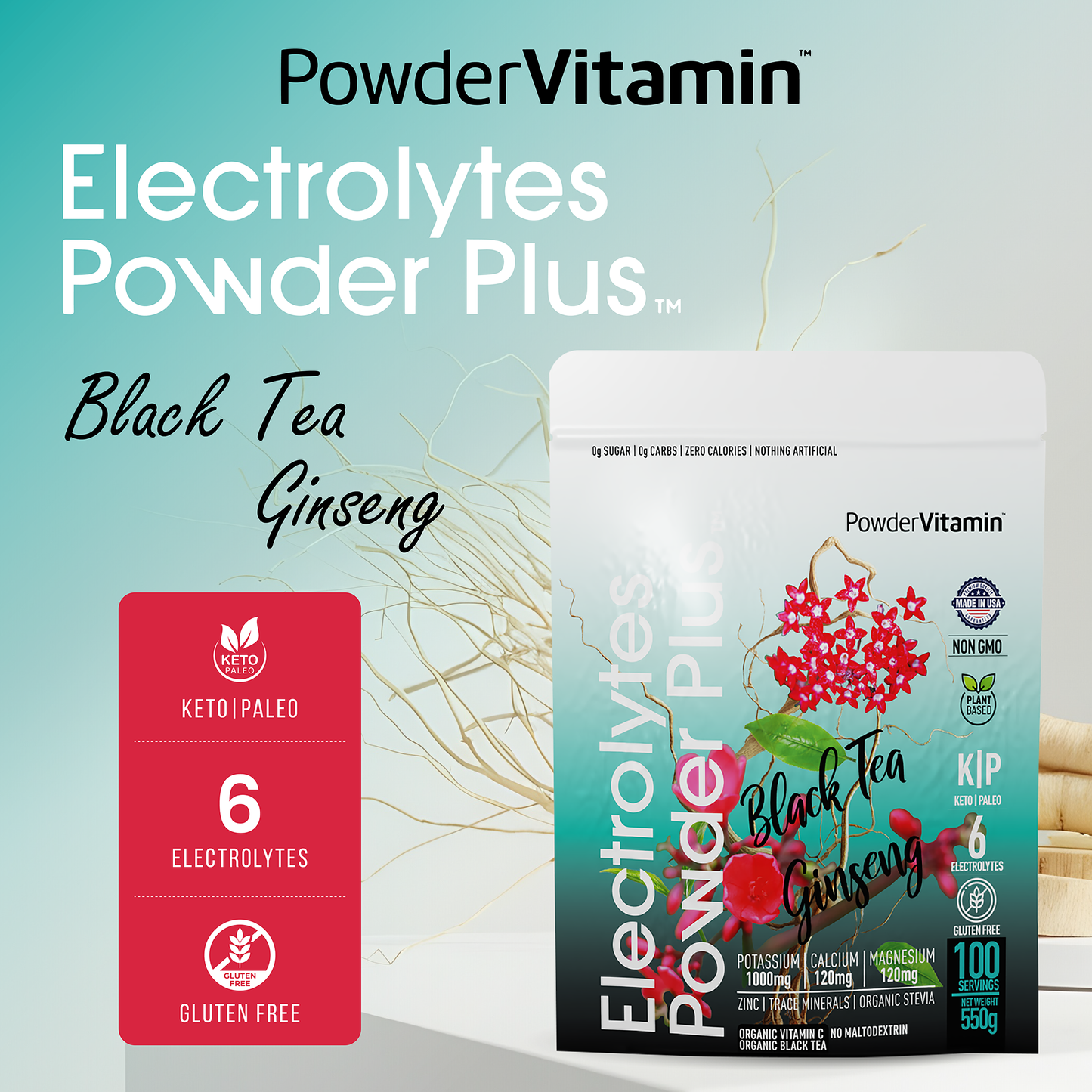 Black Tea Ginseng Electrolytes Powder 100 Servings