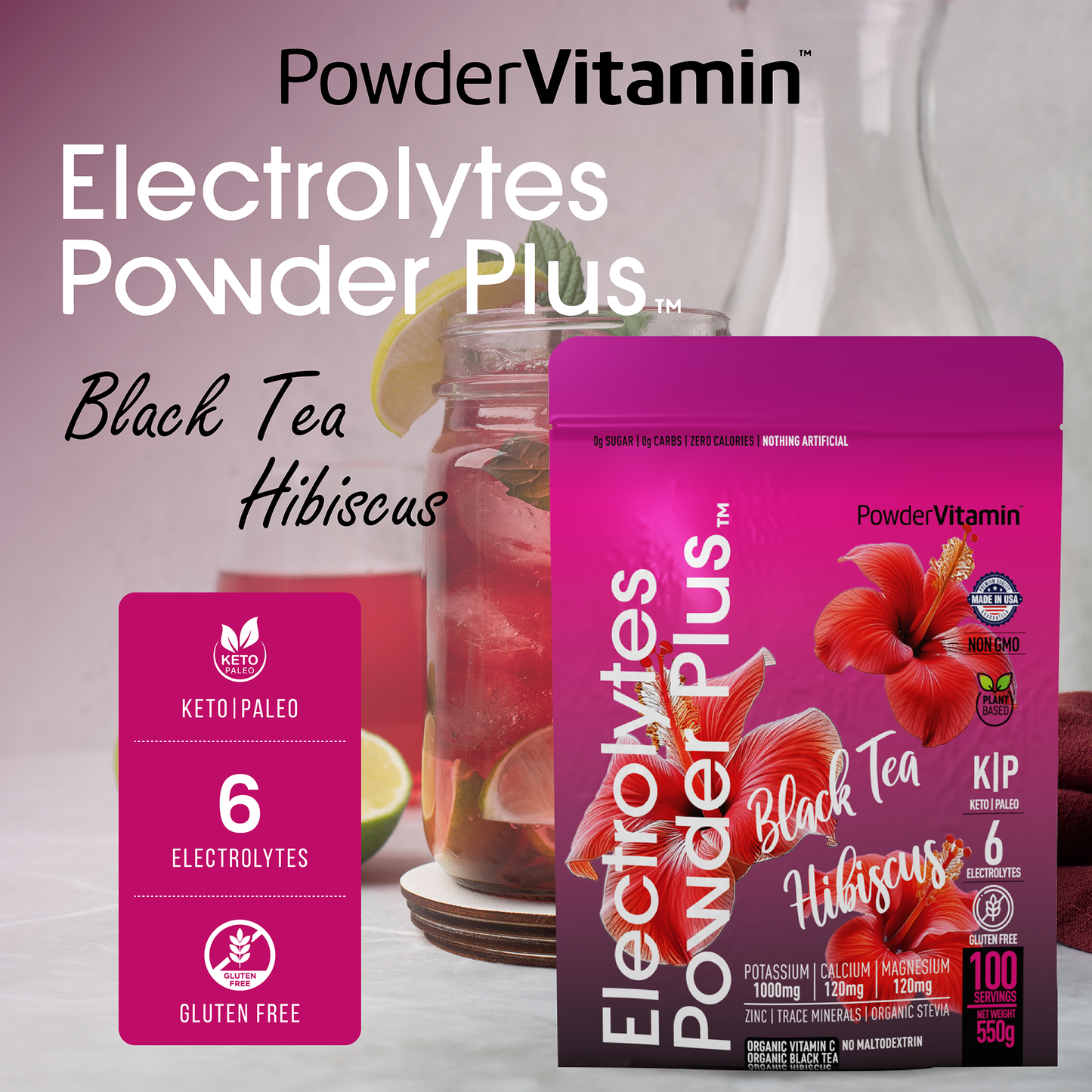 Black Tea Hibiscus Electrolytes Powder 100 Servings