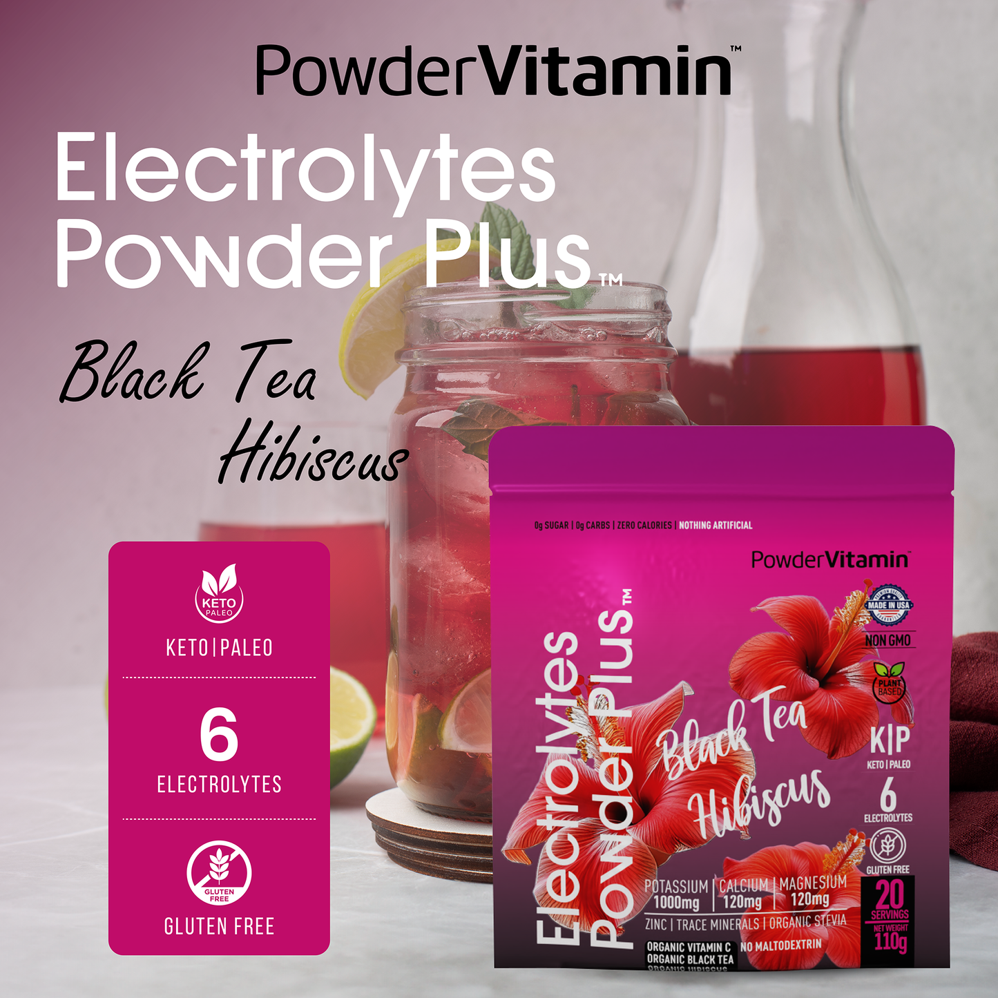 Black Tea Hibiscus Electrolytes Powder 20 Servings