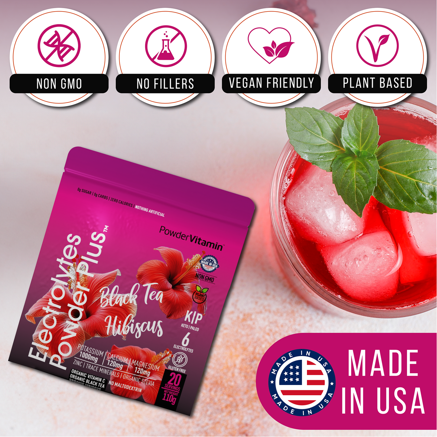 Black Tea Hibiscus Electrolytes Powder 20 Servings