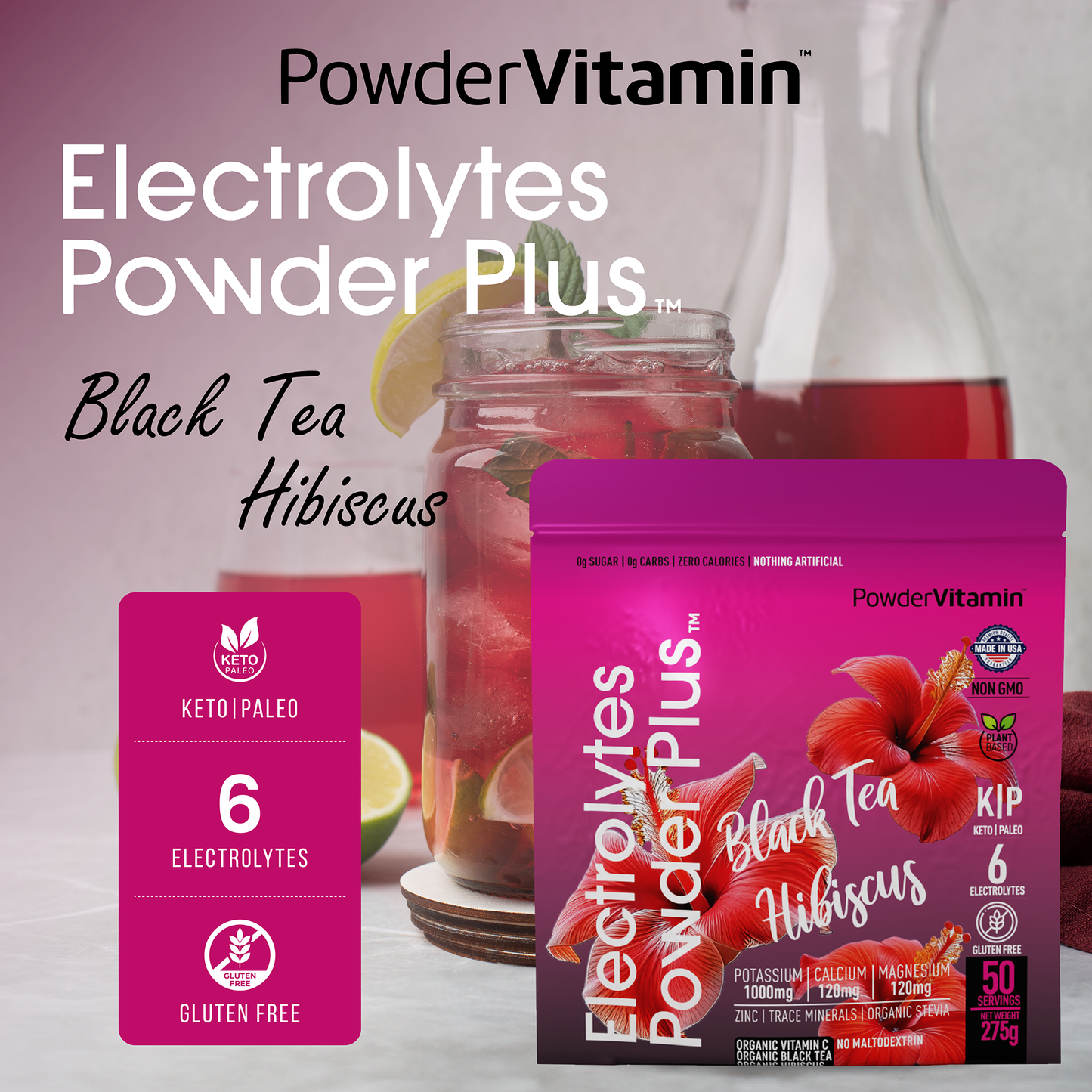 Black Tea Hibiscus Electrolytes Powder 50 Servings