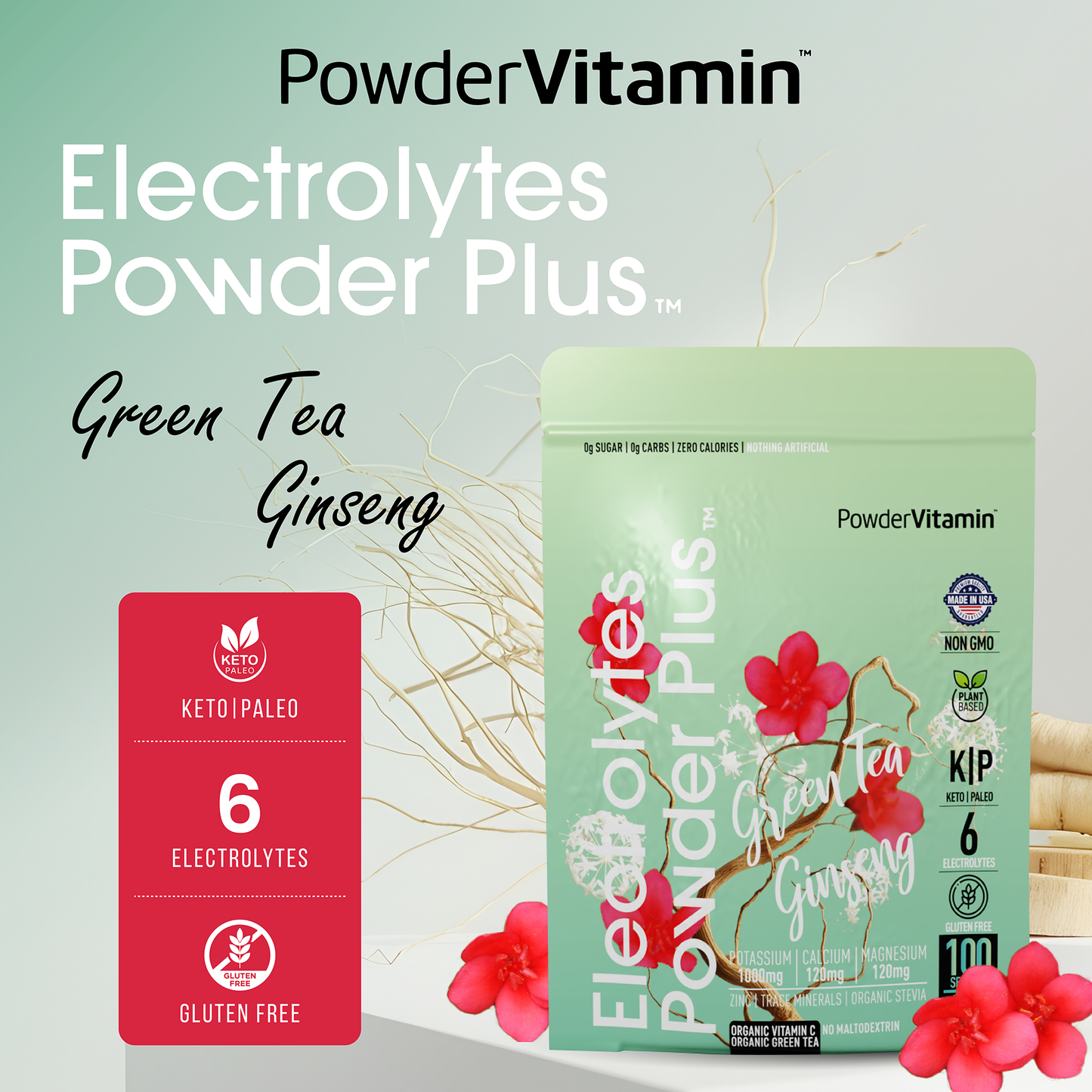 Green Tea Ginseng  Electrolytes Powder 100 Servings