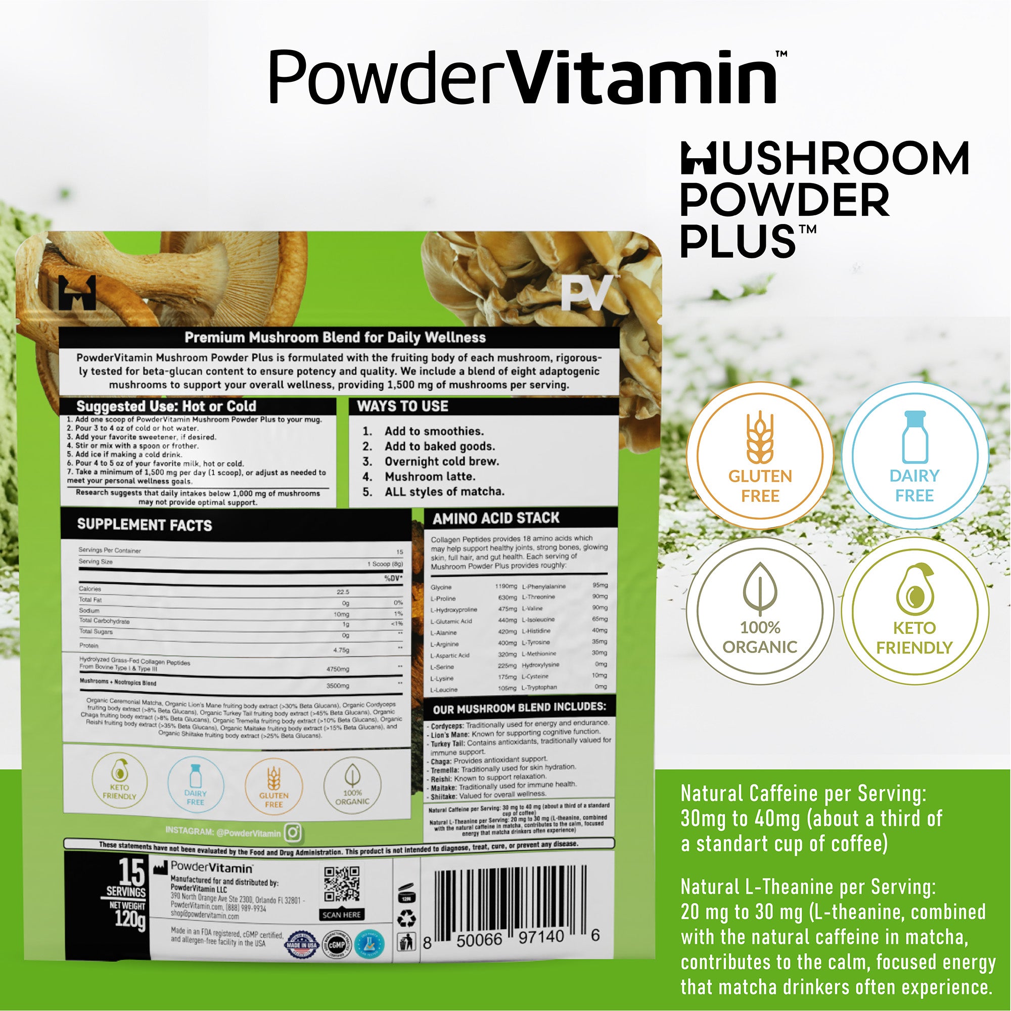 Mushroom Powder Plus™ Matcha 15 Servings