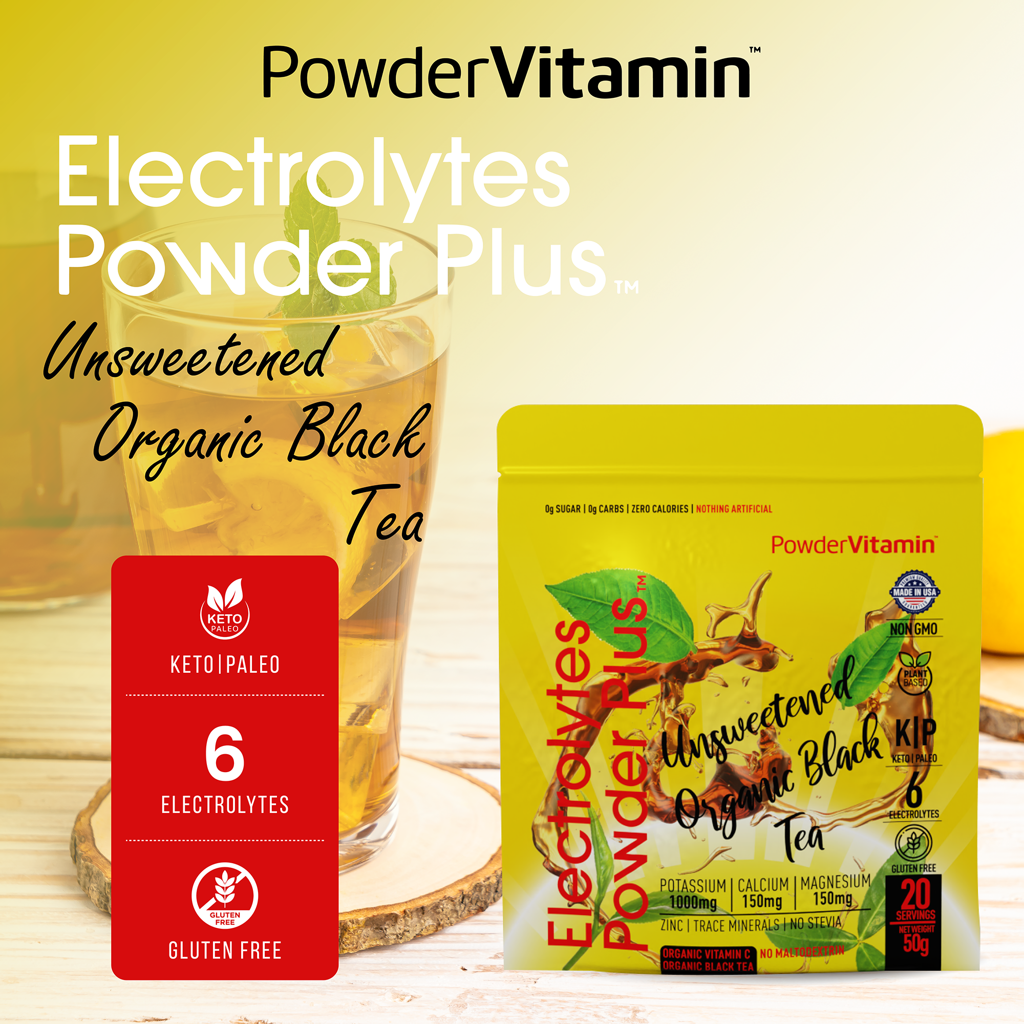 Unsweetened Organic Black Tea Electrolytes Powder Plus™ 20 Servings